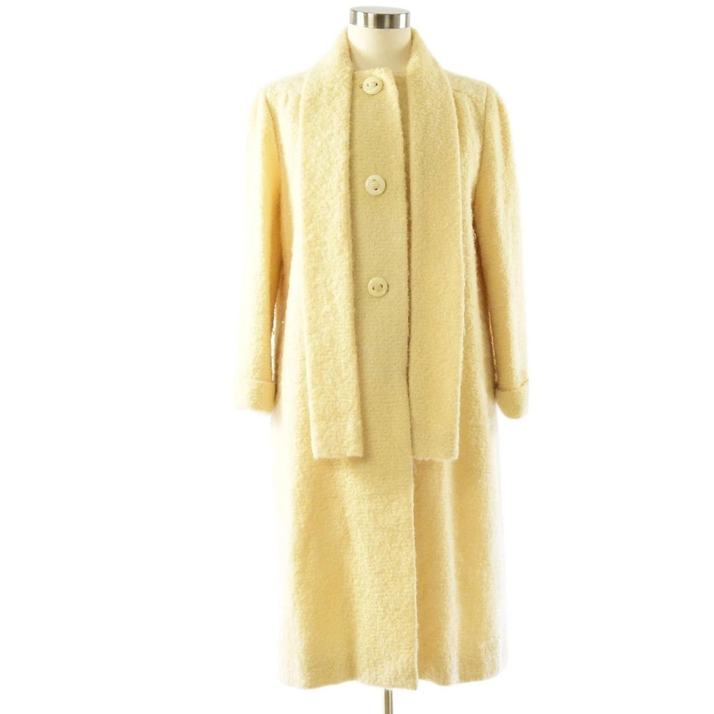 60s Vintage Ivory Boucle Long Coat Womens L Cream Scarf Neck Minimalist Overcoat